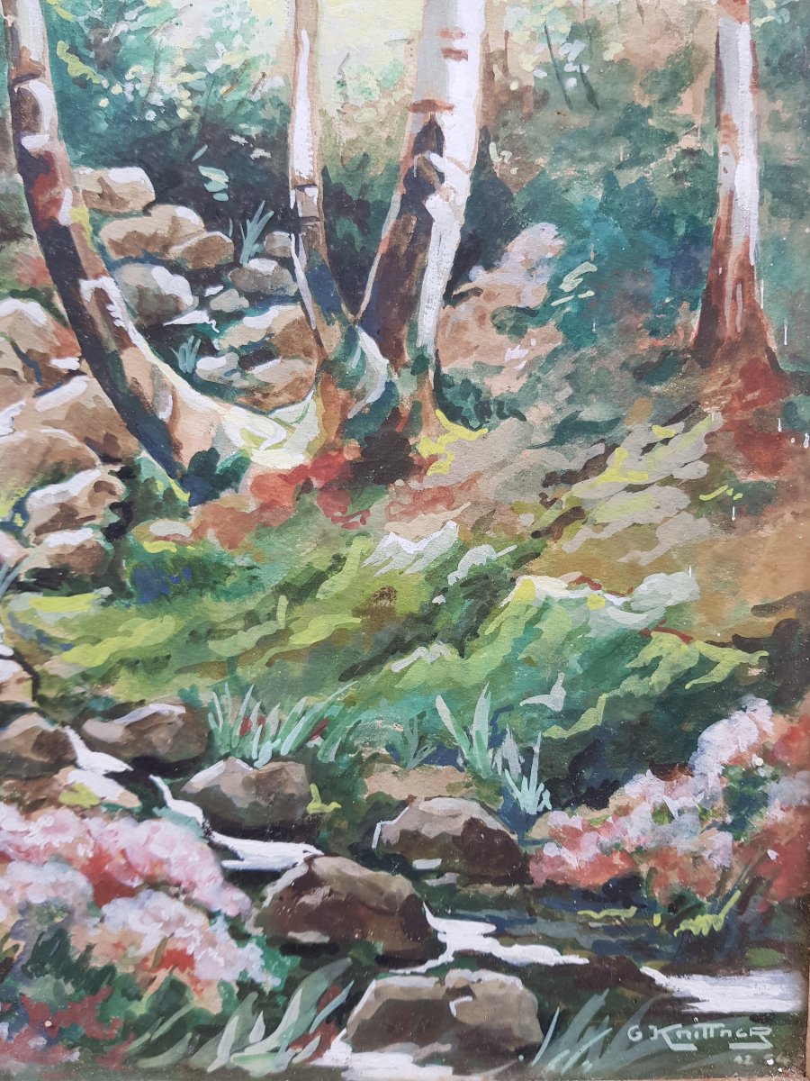 Grande gouache signée - Ruisseau en sous-bois - 1954-photo-5