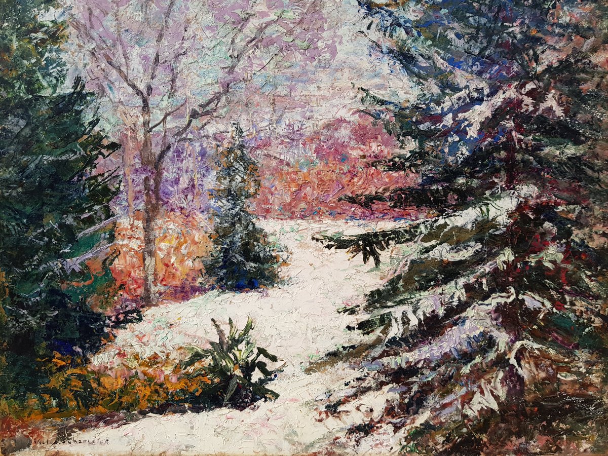 Victor Charreton - Oil On Cardboard - Snowy Landscape-photo-2