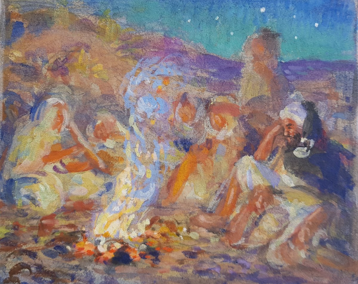Etienne DINET - Gouache orientaliste - Feu de camp-photo-3