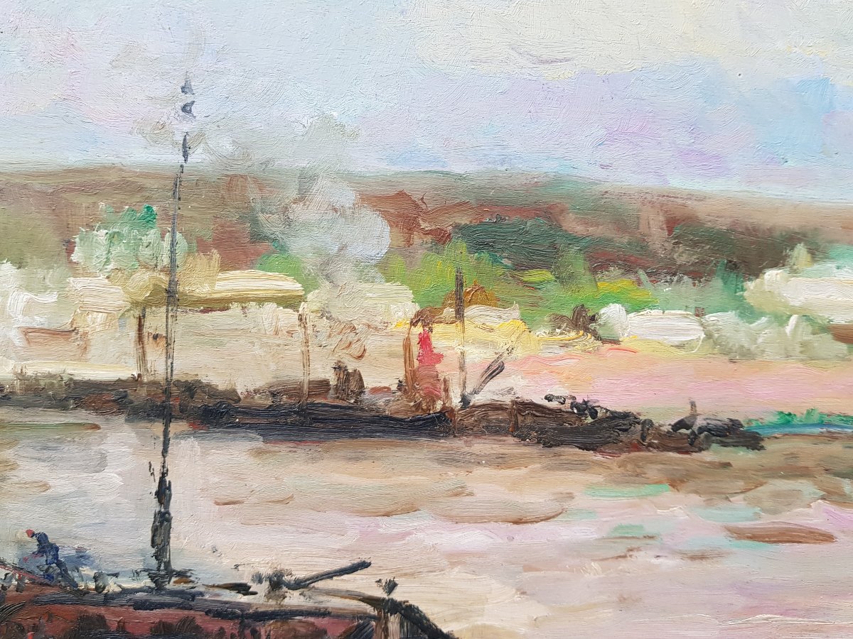 Albert Lebourg - Oil On Panel - Boats In Rouen-photo-1