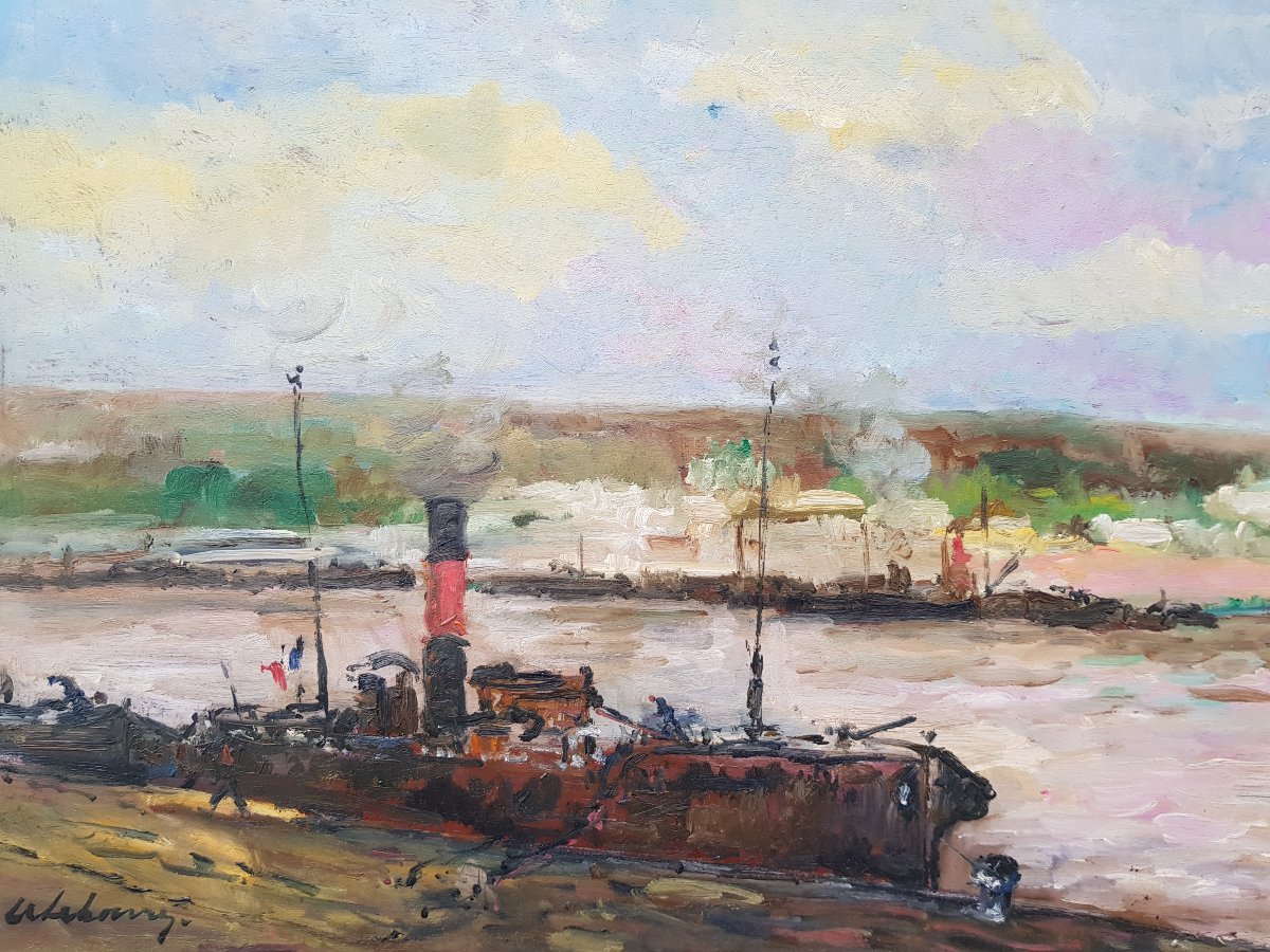 Albert Lebourg - Oil On Panel - Boats In Rouen