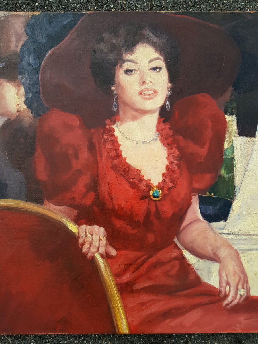 LEON ZEYTLINE - BELLE EPOQUE - ÉLÉGANTE AU RESTAURANT - HUILE SUR TOILE 100 x 73 cms -photo-3