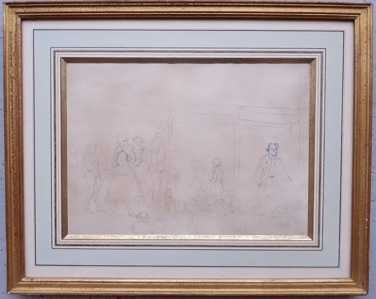 Camille PISSARRO - FOIRE ST MARTIN A PONTOISE - DESSIN CRAYON