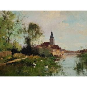 Galien-laloue - Large Oil On Canvas - Village And River