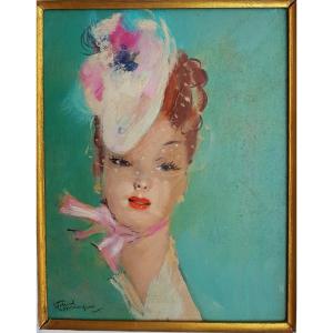 DOMERGUE - HUILE 24 x 19 cms - JEUNE FEMME AU CHAPEAU  