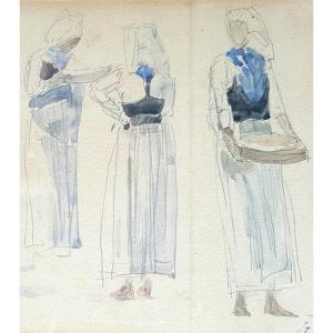 Eugene Boudin - Women, Brittany - Watercolor Circa 1870