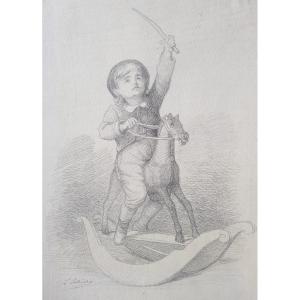LOBRICHON - Grand dessin XIXè - Le cheval à bascule