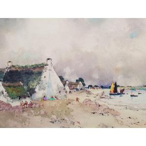 Ernest Guerin - Watercolor - Sailboats In Port, Brittany
