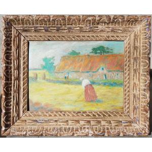 DELAVALLÉE - Huile c.1890 - Pont Aven - Batteuse de blé 