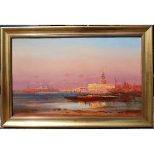 DUVIEUX - Huile sur toile - Soleil couchant, VENISE