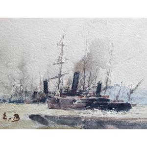 19th Watercolor - Boats In Port - Annotated "e.boudin"