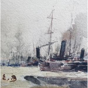 19th Watercolor - Boats In Port - Inscribed "e.boudin"