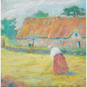 DELAVALLÉE - Huile c.1890 - Pont Aven - Batteuse de blé 