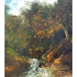 COURBET - Huile sur toile c.1870 - Cascade en forêt