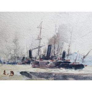 Aquarelle XIXè - Bateaux au port - Annotée "E.BOUDIN"