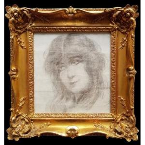 Dessin fusain  - Portrait de jeune femme - 1900