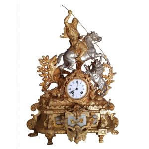 PENDULE orientaliste XIXè - Cavalier arabe, chasse au lion