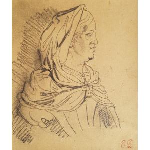Eugène DELACROIX - Dessin crayon - Portrait de femme