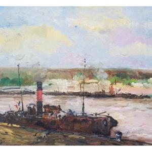 Lebourg - Impressionist - Oil On Panel - Boats In Rouen