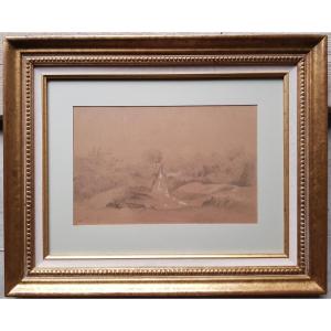 Theodore Rousseau - Large Drawing - Rocky Landscape - 1842