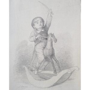 LOBRICHON - Grand dessin XIXè - Le cheval à bascule