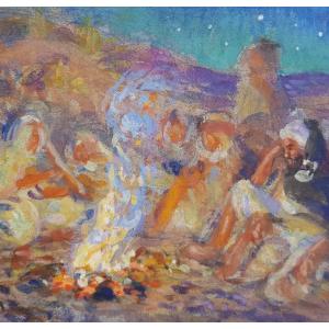 Etienne DINET - Gouache orientaliste - Feu de camp