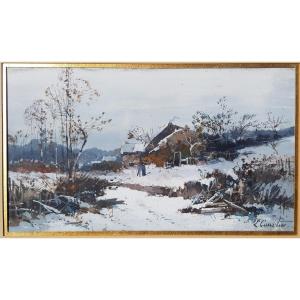 Galien Laloue - Gouache - Village Under The Snow