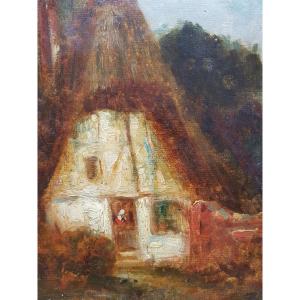 Ziem - Barbizon - Oil On Cardboard - Cottage In Forest - 1850
