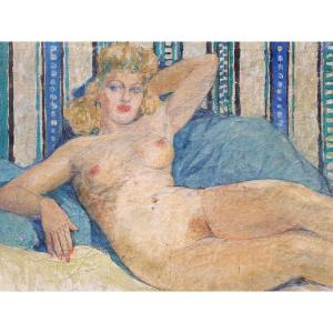 LANTOINE - Huile sur toile - 85 x 101 cms - Femme nue allongée