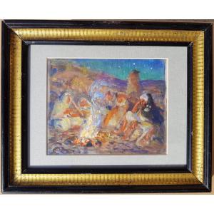 Etienne DINET - Gouache orientaliste - Feu de camp