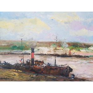 Albert LEBOURG - Huile sur panneau - Bateaux à Rouen