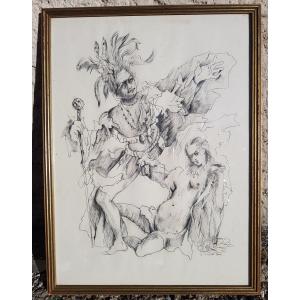 Léonor FINI - JULIETTE, MARQUIS DE SADE - RARE DESSIN ENCRE - EROTICA - 1944