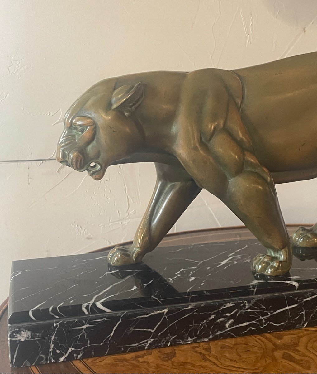 Rochard Irénée (1906-1984) - Panther In Spelter With Medal Patina, Black Marble Base-photo-2