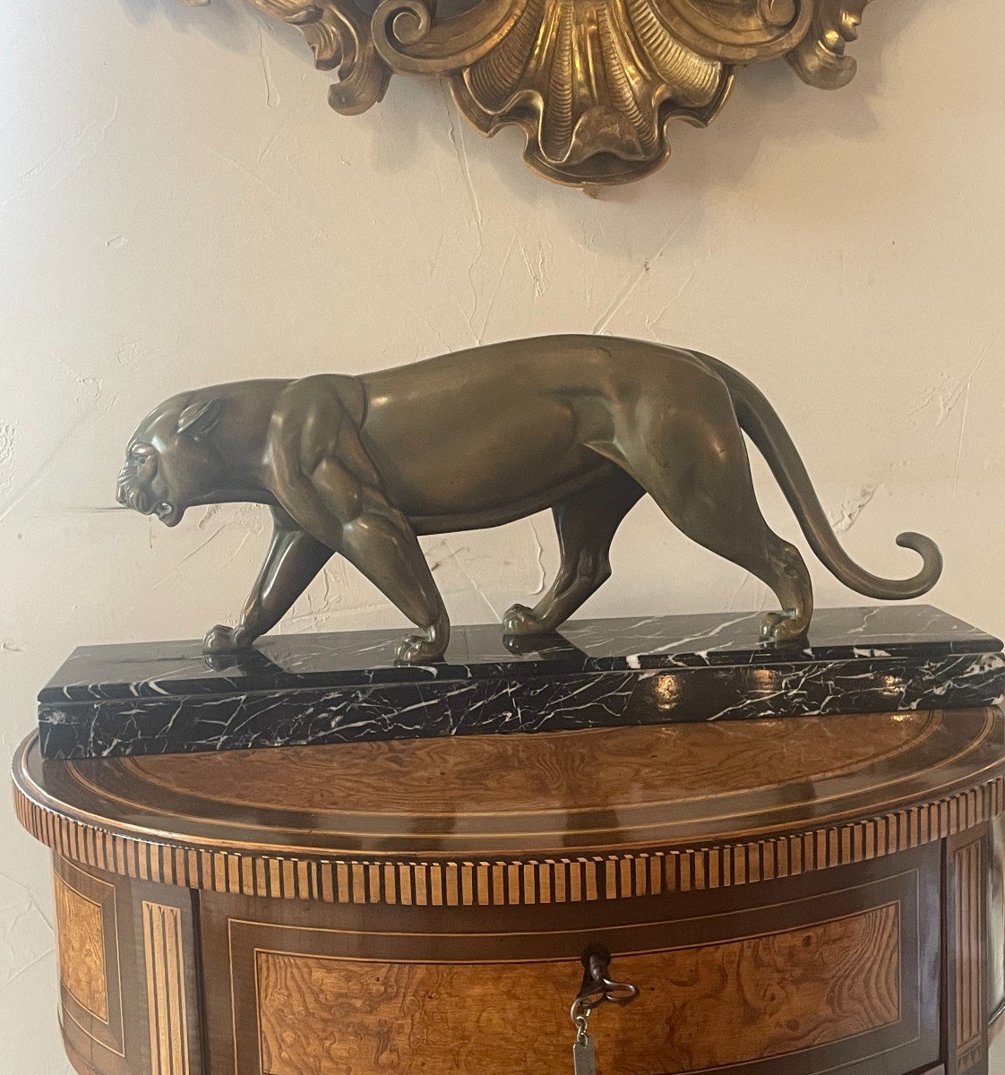 Rochard Irénée (1906-1984) - Panther In Spelter With Medal Patina, Black Marble Base-photo-4
