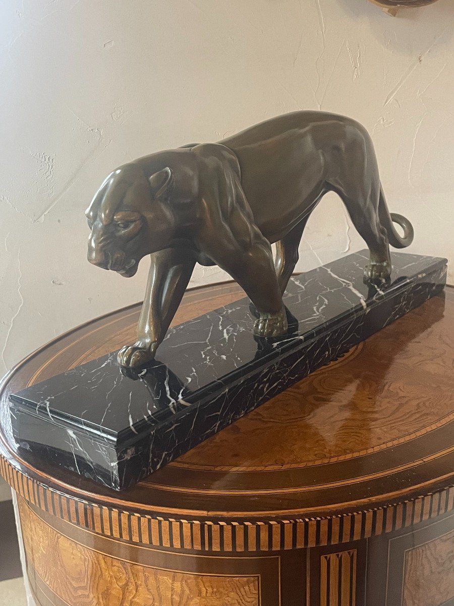 Rochard Irénée (1906-1984) - Panther In Spelter With Medal Patina, Black Marble Base-photo-2