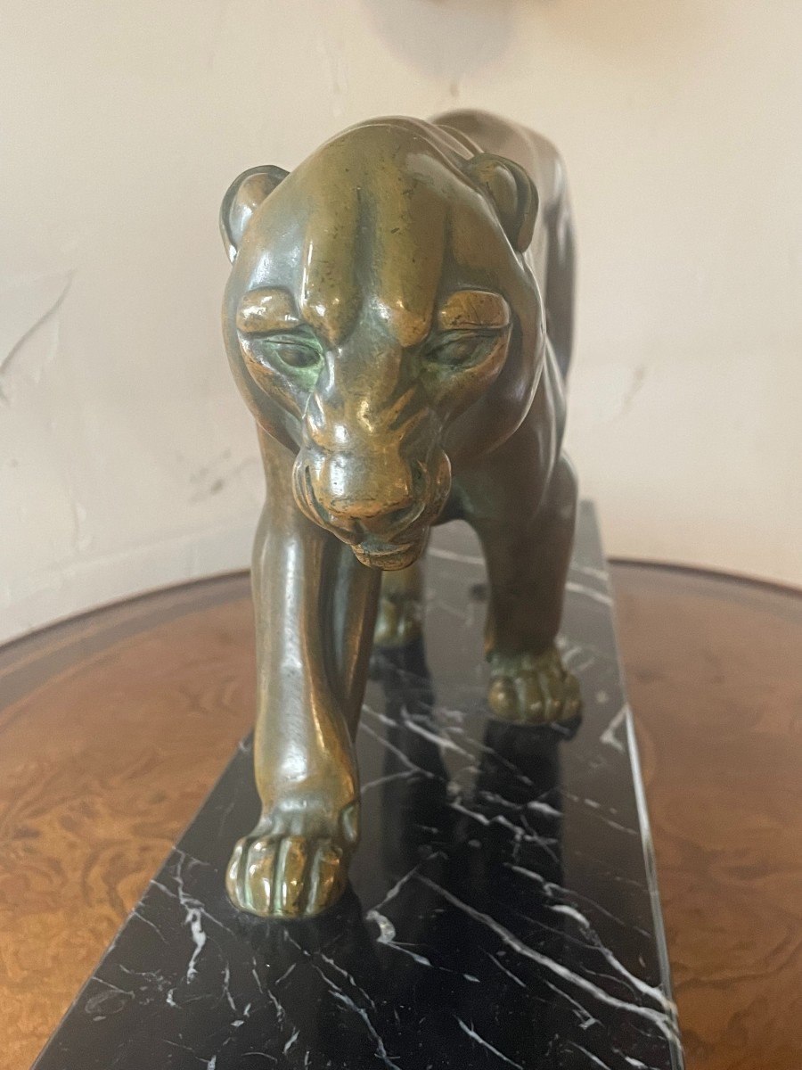 Rochard Irénée (1906-1984) - Panther In Spelter With Medal Patina, Black Marble Base-photo-3