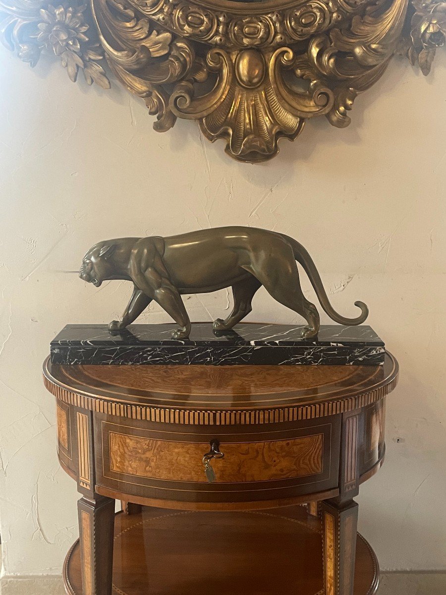 Rochard Irénée (1906-1984) - Panther In Spelter With Medal Patina, Black Marble Base-photo-4