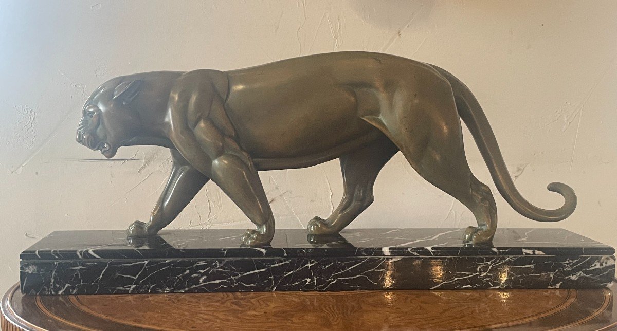 Rochard Irénée (1906-1984) - Panther In Spelter With Medal Patina, Black Marble Base