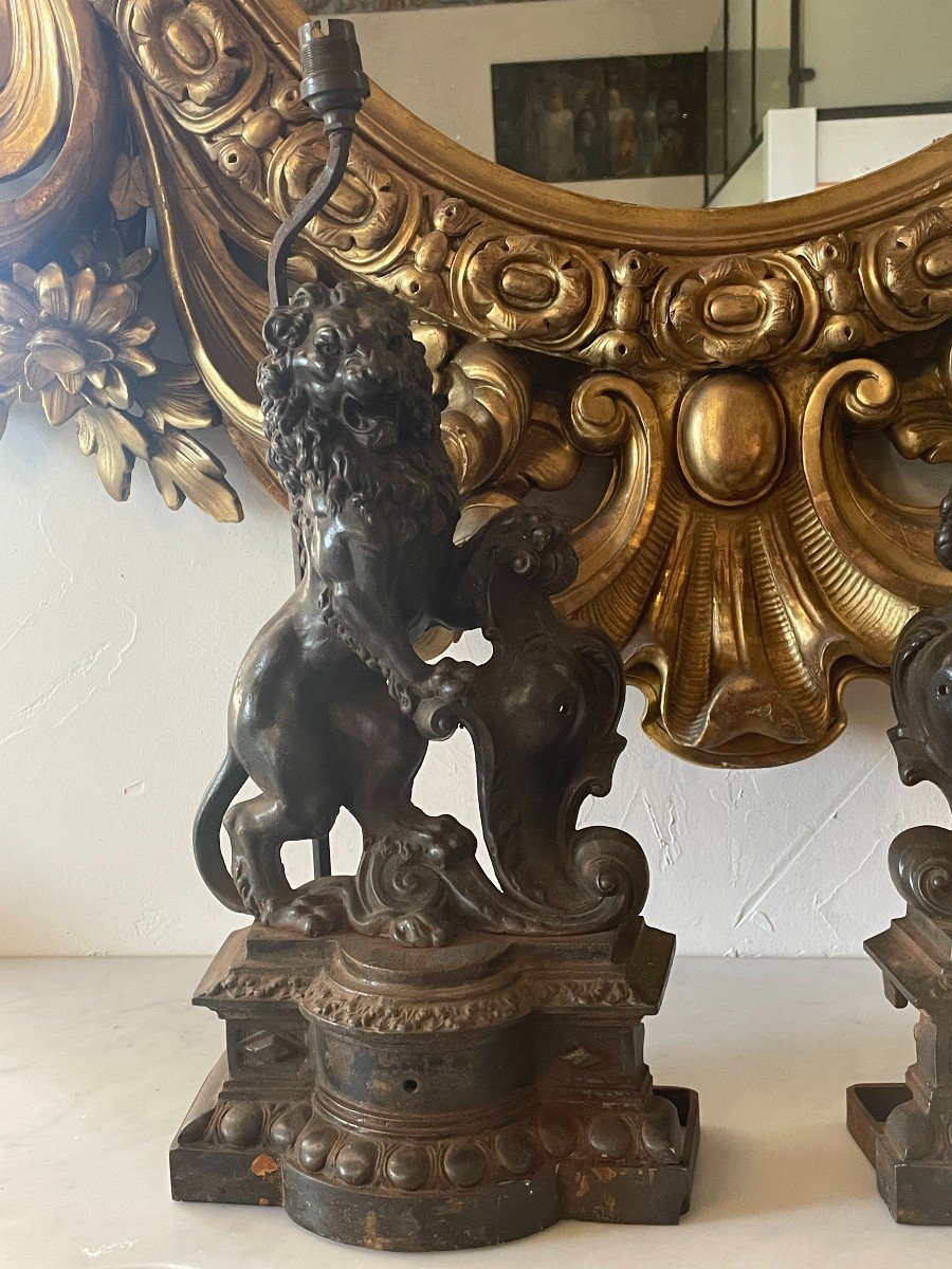 Pair Of Lamp Feet In Cast Iron Decor Lions Nineteenth-photo-2