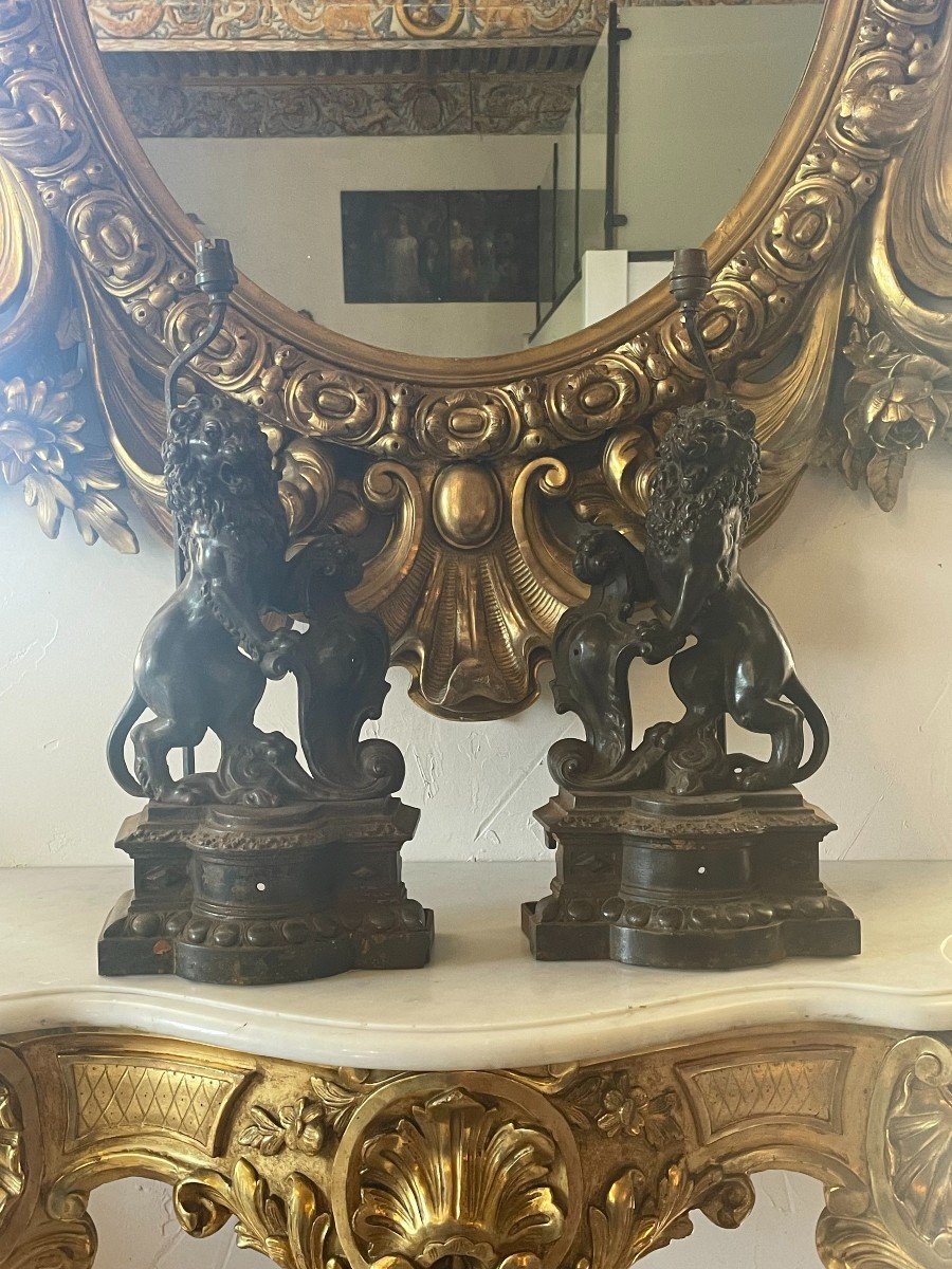 Pair Of Lamp Feet In Cast Iron Decor Lions Nineteenth-photo-2