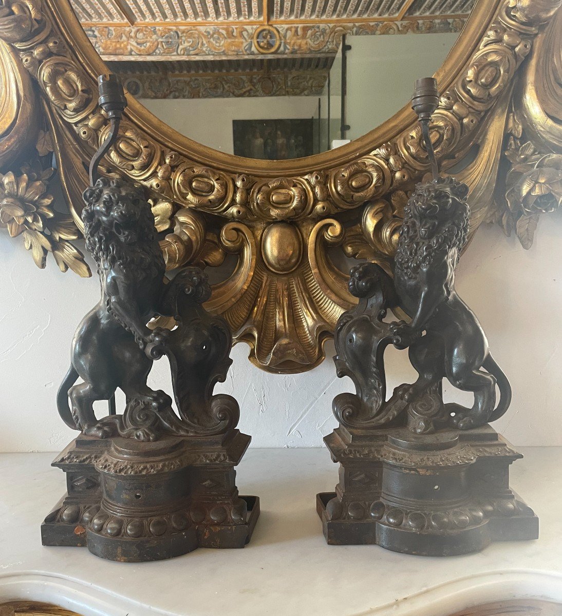 Pair Of Lamp Feet In Cast Iron Decor Lions Nineteenth