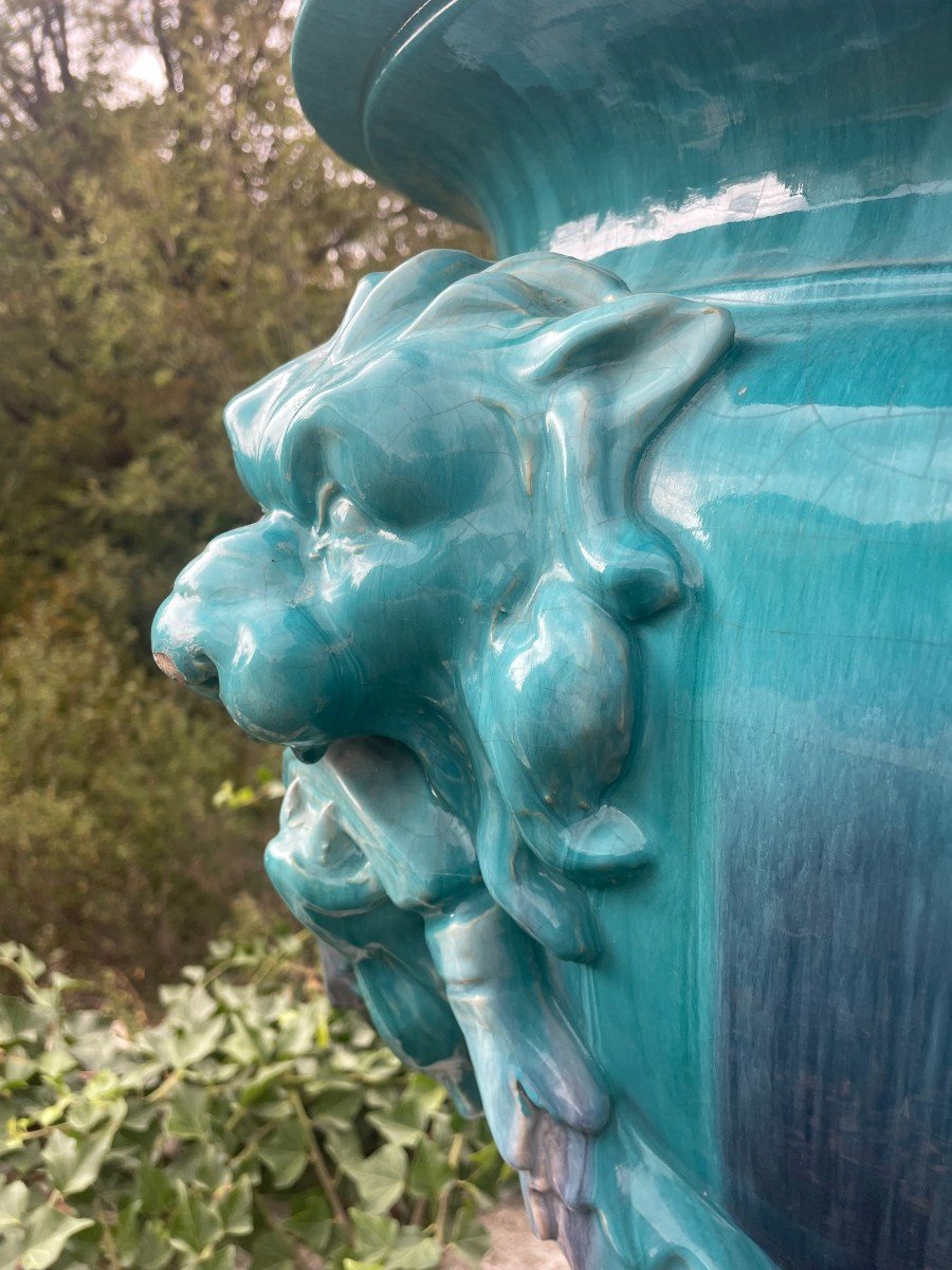 Jérôme Massier In Vallauris Large Vasque Turquoise Blue Enamelled Planter-photo-3