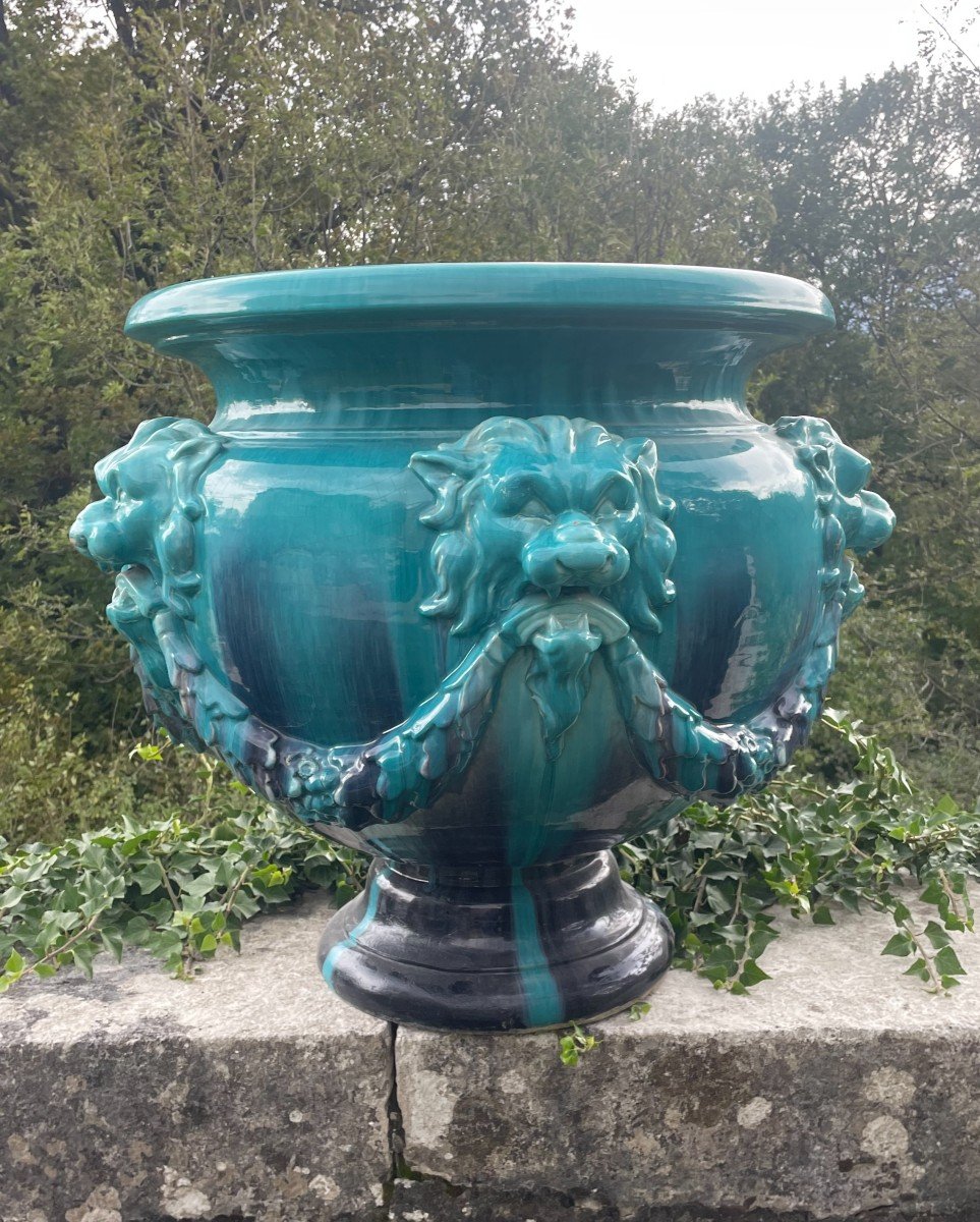 Jérôme Massier In Vallauris Large Vasque Turquoise Blue Enamelled Planter