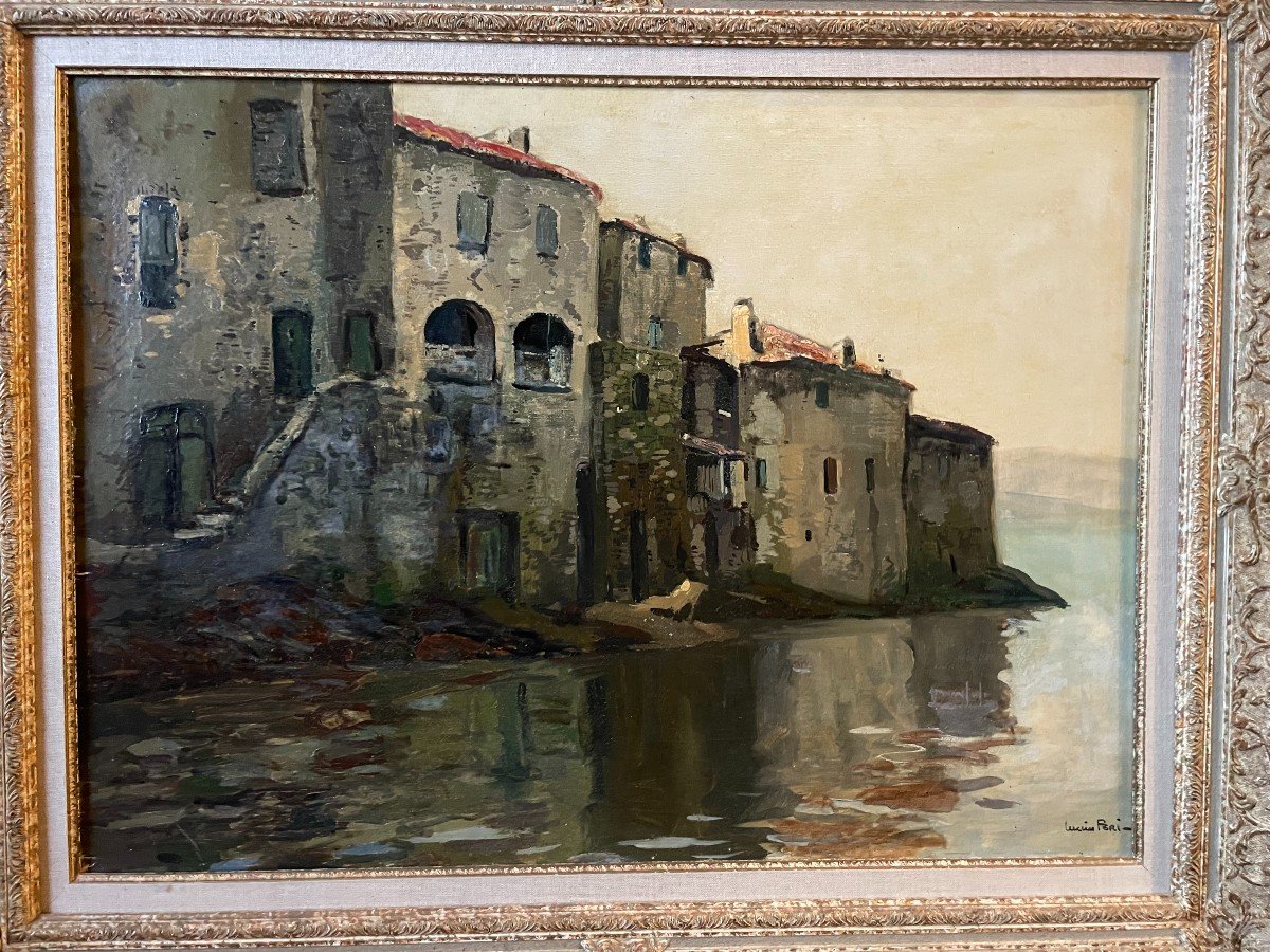 Grand Tableau De Lucien Peri ( 1880-1948) Représentant St Florent Corse Huile Sur Toile-photo-2