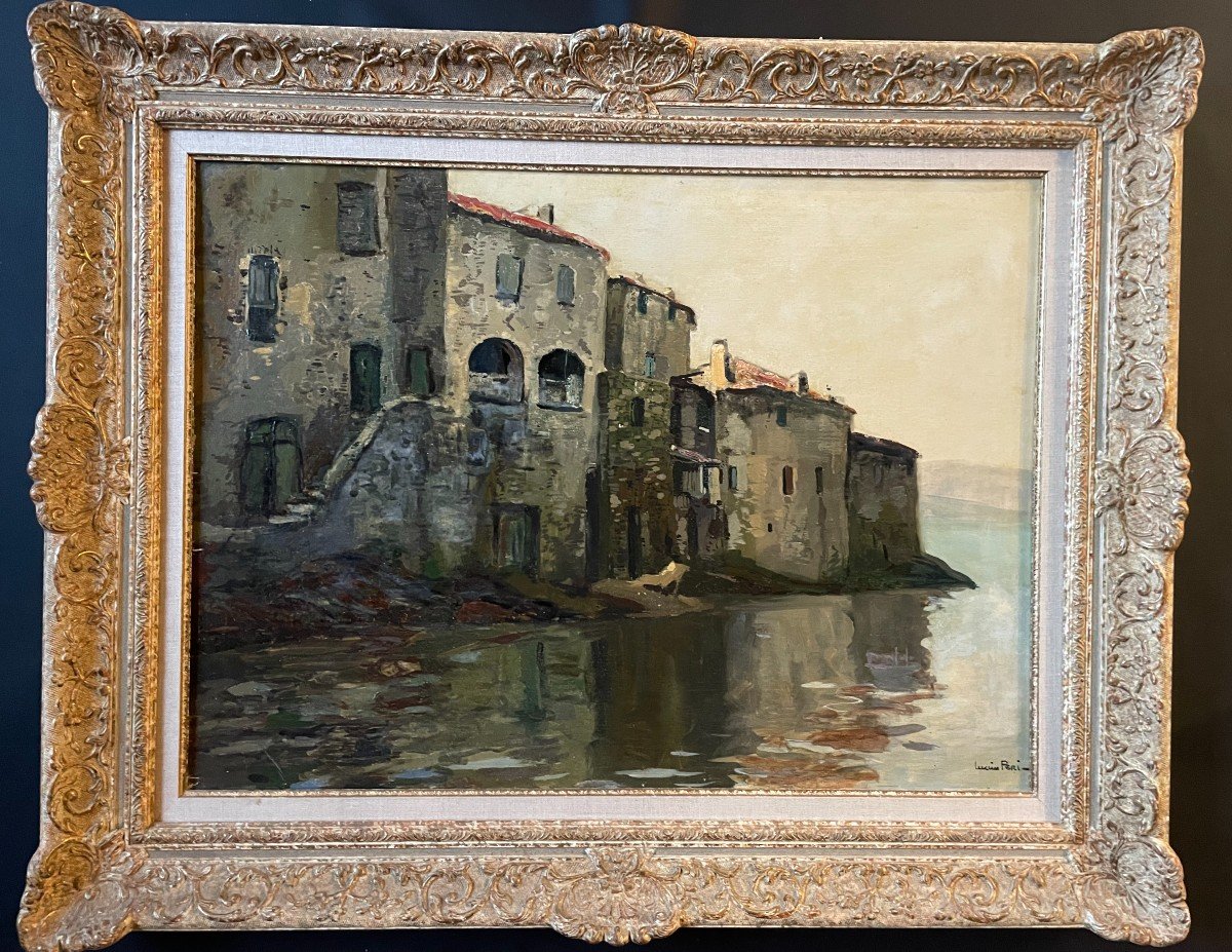 Grand Tableau De Lucien Peri ( 1880-1948) Représentant St Florent Corse Huile Sur Toile