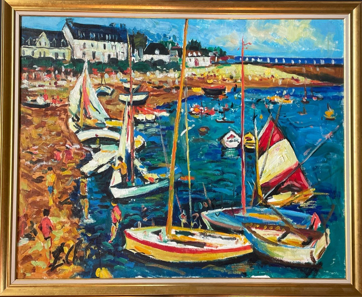 Léon Chaloin (1920-1982) " Port Breton 1980" Grande Huile Sur Toile-photo-4