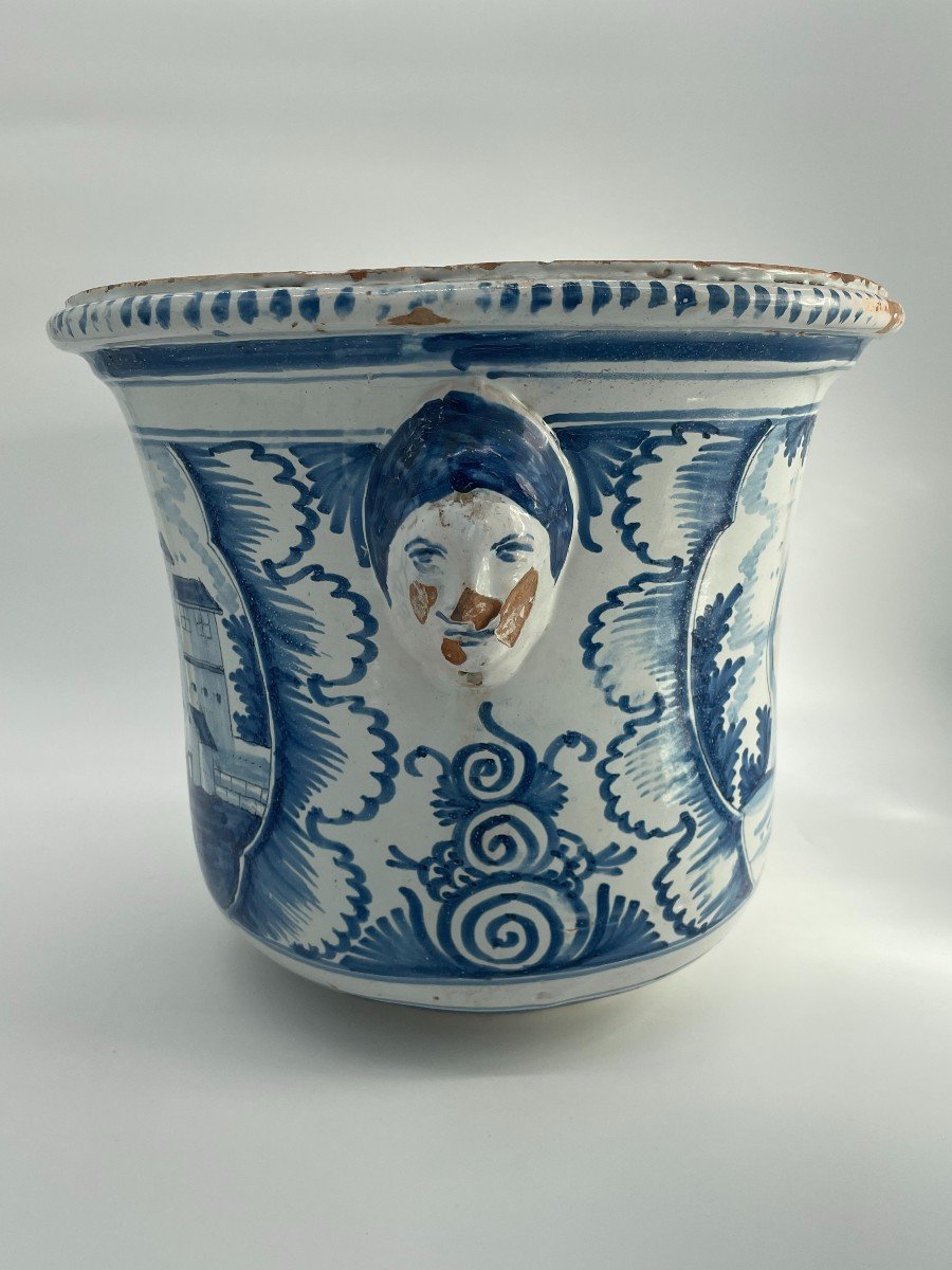 Large Orange Tree Pot In Blue And White Enameled Earthenware Decorated With 18th Century Houses And Landscapes-photo-2