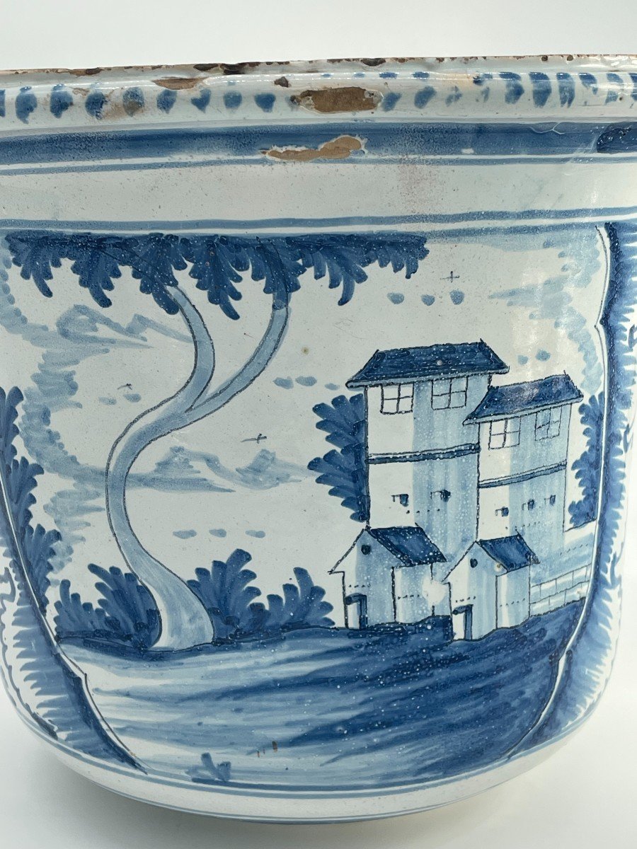 Large Orange Tree Pot In Blue And White Enameled Earthenware Decorated With 18th Century Houses And Landscapes-photo-3