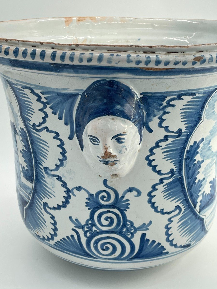 Large Orange Tree Pot In Blue And White Enameled Earthenware Decorated With 18th Century Houses And Landscapes-photo-4