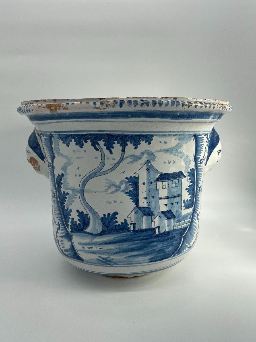 Large Orange Tree Pot In Blue And White Enameled Earthenware Decorated With 18th Century Houses And Landscapes-photo-1